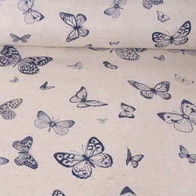 Tissu Toile de Coton Lin Papillon marine sur fond Naturel - Par 10 cm