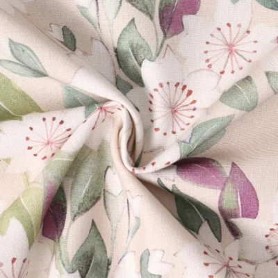 Tissu Toile Canvas  Sakura Aquarelle Blanches sur fond Beige sable - Par 10 cm