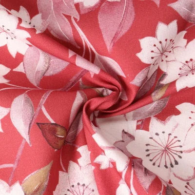 Tissu Toile Canvas Sakura Aquarelle Blanches sur fond Rouge - Par 10 cm
