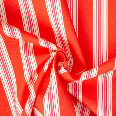 Tissu Toile de Coton rayures Rouge sur fond Paprika - Par 10 cm
