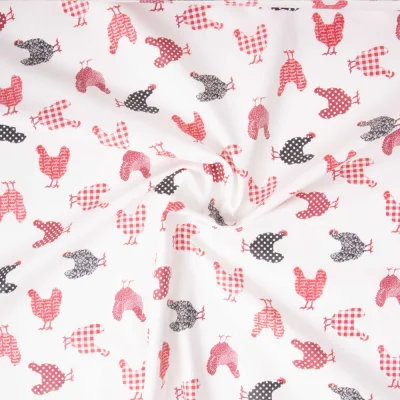 Tissu Coton Enduit Mini Poulettes rouges sur fond Naturel - Par 10 cm
