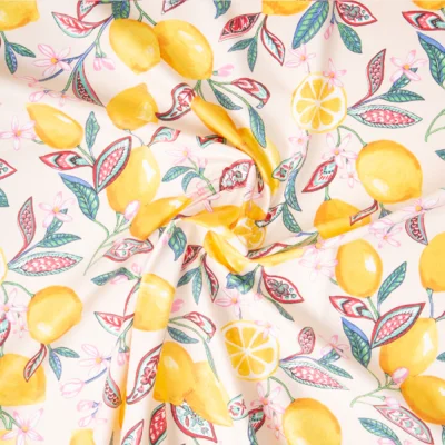 Coupon Tissu Coton Enduit Citronnier jaune sur fond Ecru - Coupon de 3 mètres