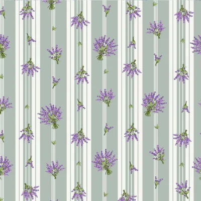 Tissu Coton Enduit Coutil de Provence rayé sauge sur fond Blanc - Par 10 cm