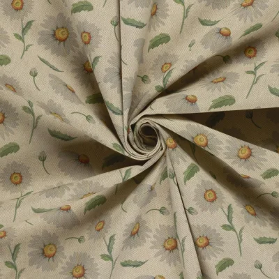 Tissu Toile de Coton recyclé aspect Lin digital Marguerite sur fond Naturel - Par 10 cm