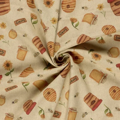 Tissu Toile de Coton recyclé aspect Lin digital Honey honey sur fond Naturel - Par 10 cm