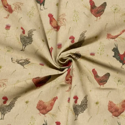 Tissu Toile de Coton recyclé aspect Lin digital Paulette poupoules sur fond Naturel - Par 10 cm