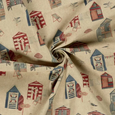 Tissu Toile de Coton recyclé digital aspect Lin Deauville plage sur fond Naturel - Par 10 cm