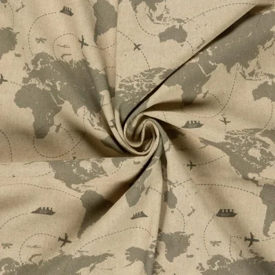 Tissu Toile de Coton recyclé aspect Lin digital Carte du monde sur fond Beige - Par 10 cm