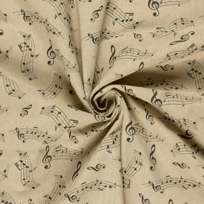 Tissu Toile de Coton recyclé aspect Lin digital en musique sur fond Beige - Par 10 cm