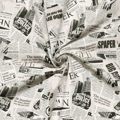 Tissu Toile de Coton panama imprimé digital newspaper sur fond Blanc - Par 10 cm