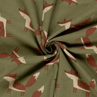 Tissu Toile de Coton recyclé aspect Lin digital Renards sur fond Vert olive - Par 10 cm