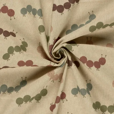 Tissu Toile de Coton recyclé aspect Lin digital Baby petites chenilles sur fond Naturel - Par 10 cm