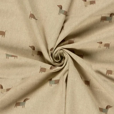 Tissu Toile de Coton recyclé aspect Lin digital Mister Saucisse sur fond Beige - Par 10 cm