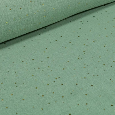 Tissu Double gaze Lina Pois dorés sur fond Vert d&#039;eau foncé - Par 10 cm
