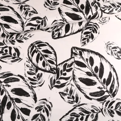 Tissu Coton Satiné extensible Feuilles encre sur fond Blanc - Par 10 cm