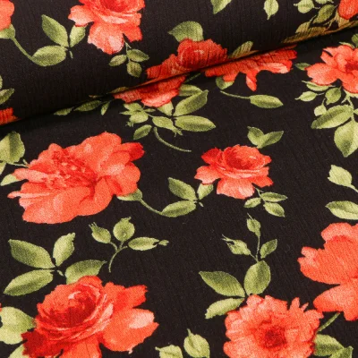 Tissu Crêpe Viscose Rose rouge sur fond Noir - Par 10 cm