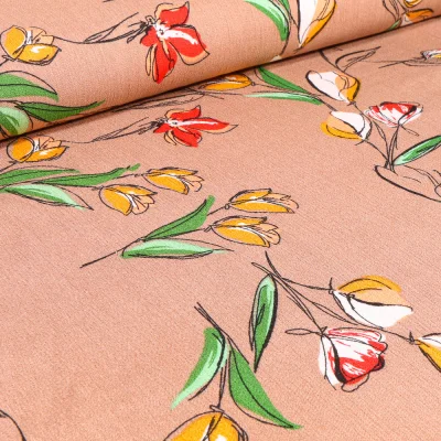Tissu Viscose texturé Tulipes colorées sur fond Cappuccino - Par 10 cm