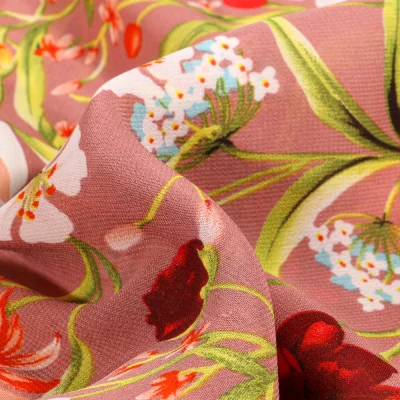 Coupon Tissu Mousseline Pivoines et fleurs colorés sur fond Bois de rose - Coupon de 30 cm