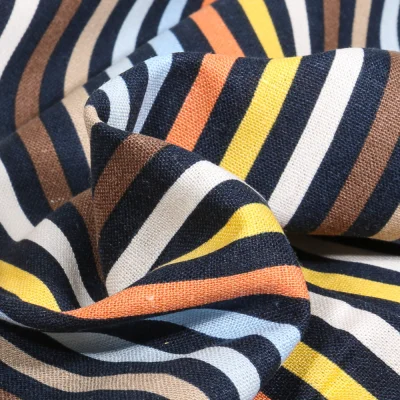 Tissu Lin Viscose Rayures multicolores sur fond Bleu marine - Par 10 cm