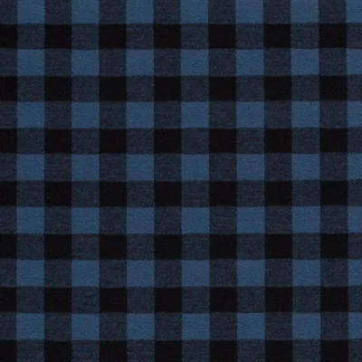 Tissu Maille Jersey toucher flanelle Carreaux sur fond Bleu indigo - Par 10 cm