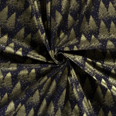 Tissu Popeline de Coton Eloi sapins dorés sur fond Bleu marine - Par 10 cm