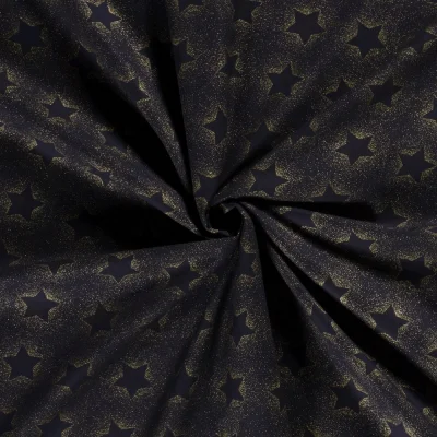 Tissu Popeline de Coton Santa étoiles dorées sur fond Bleu marine - Par 10 cm