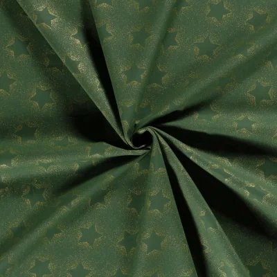 Tissu Popeline de Coton Santa étoiles dorées sur fond Vert - Par 10 cm