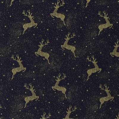 Tissu Coton imprimé Noël Rênes dorées sur fond Bleu marine - Par 10 cm