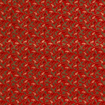 Tissu Coton imprimé Branches de Noël dorées sur fond Rouge - Par 10 cm
