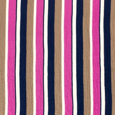 Tissu Viscose gaufré Rayé fuschia et taupe sur fond Blanc - Par 10 cm
