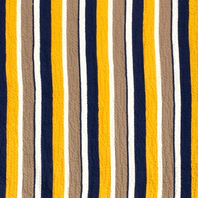 Tissu Viscose gaufré Rayé jaune et taupe sur fond Blanc - Par 10 cm