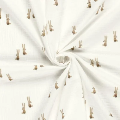 Tissu Double gaze de Coton LittleBird Lapinou sur fond Ecru - Par 10 cm