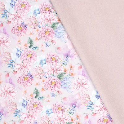 Tissu Softshell Digital Bouquet sur fond Rose bébé - Par 10 cm