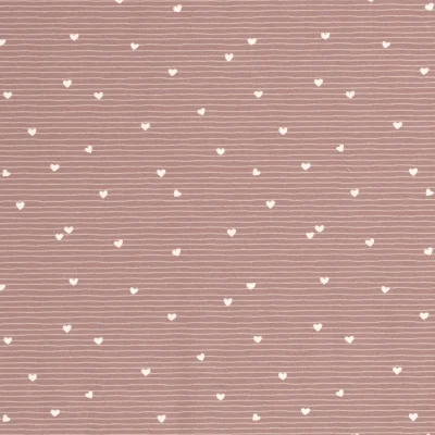Tissu Jersey Coton rayé LittleBird Petits coeurs sur fond Vieux rose - Par 10 cm
