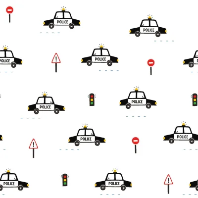 Tissu Popeline de Coton Voiture de police sur fond Blanc - Par 10 cm