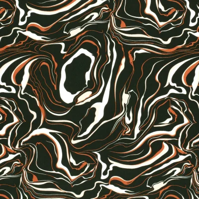 Tissu Popeline de Viscose Marble blanc et orange sur fond Vert kaki foncé - Par 10 cm