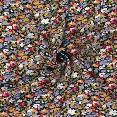 Tissu Crêpe de Viscose fleurs Lia sur fond Noir - Par 10 cm