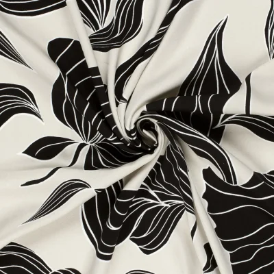 Tissu Viscose satiné Motif floral noir sur fond Ecru - Par 10 cm