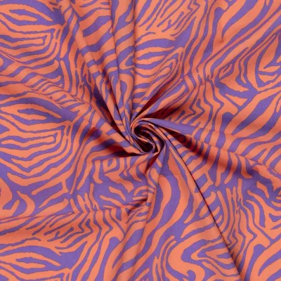Tissu Coton extensible Psyché Pop corail sur fond Violet - Par 10 cm