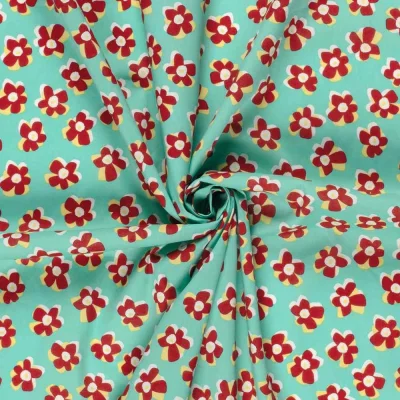 Tissu Coton extensible Fleuréa rouge sur fond Vert menthe - Par 10 cm