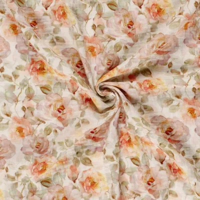 Tissu Double gaze de Coton digital Petalyae sur fond Ecru - Par 10 cm
