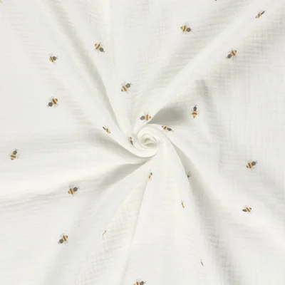Tissu Double gaze de Coton Abeilles brodées sur fond Ecru - Par 10 cm