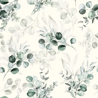 Tissu Jersey côtelé Feuilles eucalyptus sur fond Blanc cassé - Par 10 cm