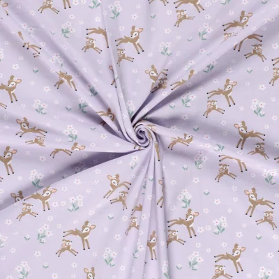 Tissu Jersey Coton Rennes fleuris sur fond Lilas - Par 10 cm