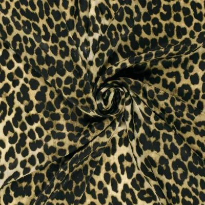 Tissu Satin Velvet Esmera léopard Noir sur fond Vert olive - Par 10 cm