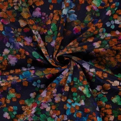 Tissu Jersey Viscose Ambrosia fleurs Orange cuivré sur fond Bleu marine - Par 10 cm