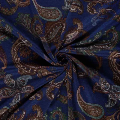 Tissu Jersey Viscose Aliénor motif paisley Marron sur fond Bleu marine - Par 10 cm