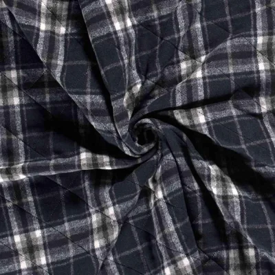 Tissu Tartan touché laine envers doudoune Storia Carreaux sur fond Bleu marine - Par 10 cm