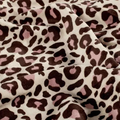 Tissu Jersey Velours tout doux Isara léopard Brun et Rose sur fond Beige - Par 10 cm