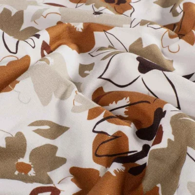 Coupon Tissu Sweat léger French Terry  Léna extensible fleurs Caramel sur fond Ecru - Coupon de 20 cm